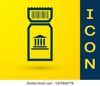 Blue Museum ticket icon isolated on yellow background. History museum ticket coupon event admit exhibition excursion.  Vector Illustration