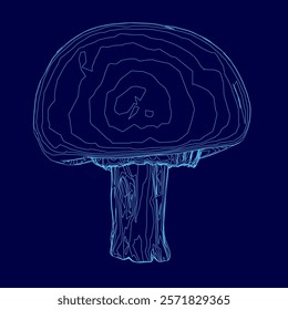 Blue mushroom with a stem is shown in a blue background. The mushroom is drawn in a stylized way, with a focus on its shape and form. The blue background adds a sense of depth