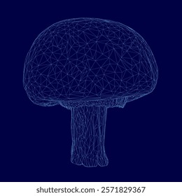 Blue mushroom with a stem is shown in a computer-generated image. The image has a futuristic and abstract feel to it, with the mushroom appearing to be made up of a series of lines and shapes