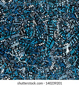 Blue music background with musical notes and old grunge texture, seamless pattern, vector.