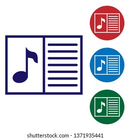 Blue Music book with note icon isolated on white background. Music sheet with note stave. Notebook for musical notes. Set color icon in circle buttons. Vector Illustration
