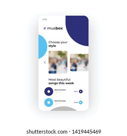 Blue Music box UI, UX, GUI screen for mobile apps design. Modern responsive user interface design of mobile applications including Music songs screen with pop, hip-hop categories