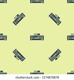 Blue Music CD player icon isolated seamless pattern on yellow background. Portable music device.  Vector Illustration