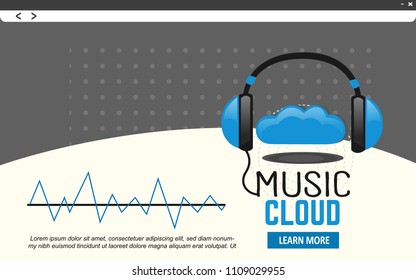 blue music cloud with blue earphone website design template for landing page vector