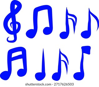 Icono de nota musical azul con clave de agudos y varios símbolos musicales. Ilustraciones planas atrevidas perfectas para App de audio, diseño de medios y temas de sonido.
