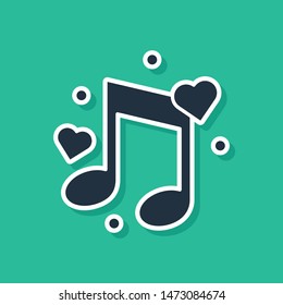 Blue Music note, tone with hearts icon isolated on green background.  Vector Illustration