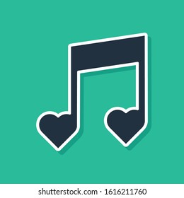Blue Music note, tone with hearts icon isolated on green background. Valentines day.  Vector Illustration