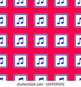 Blue Music note, tone icon isolated seamless pattern on red background.  Vector Illustration