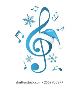 Blue music notes, snowflakes and treble clef with Santa hat, vector illustration.