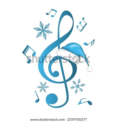 Blue music notes, snowflakes and treble clef with Santa hat, vector illustration.