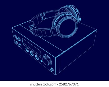 A blue music synthesizer with a pair of headphones on top of it.