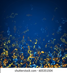 Fondo musical azul con notas coloridas. Ilustración vectorial.