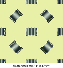 Blue Musical instrument accordion icon isolated seamless pattern on yellow background. Classical bayan, harmonic.  Vector Illustration