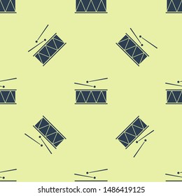 Blue Musical instrument drum and drum sticks icon isolated seamless pattern on yellow background.  Vector Illustration