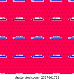 Blue Musical instrument drum and drum sticks icon isolated seamless pattern on red background.  Vector
