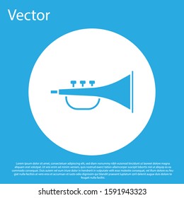 Blue Musical instrument trumpet icon isolated on blue background. White circle button. Vector Illustration