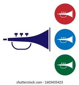 Blue Musical instrument trumpet icon isolated on white background. Set color icons in circle buttons. Vector Illustration