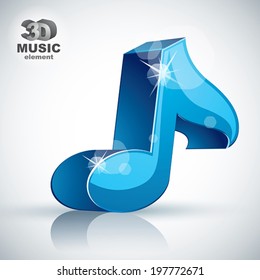 Blue musical note 3d modern icon isolated, 3d music element, image contain transparent shadows reflections and flares  Ã?Â¢?? ready to put over any background.