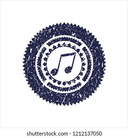 Blue musical note icon inside distressed rubber grunge texture stamp