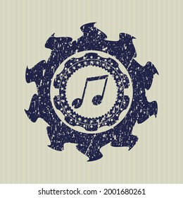 Blue musical note icon inside rubber grunge seal. 