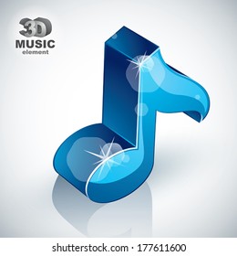 Blue musical note icon from upper wiev isolated, 3d music design element, image contain transparent shadows reflections and flares  Ã?Â¢?? ready to put over any background.