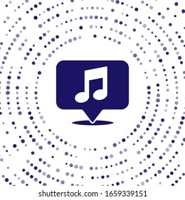 Blue Musical note in speech bubble icon isolated on white background. Music and sound concept. Abstract circle random dots. Vector Illustration