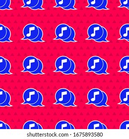 Blue Musical note in speech bubble icon isolated seamless pattern on red background. Music and sound concept.  Vector Illustration