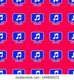 Nota musical azul en el icono de burbuja de voz aislado patrón sin fisuras en el fondo rojo. Concepto musical y de sonido. Ilustración vectorial