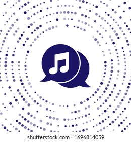 Blue Musical note in speech bubble icon isolated on white background. Music and sound concept. Abstract circle random dots. Vector Illustration