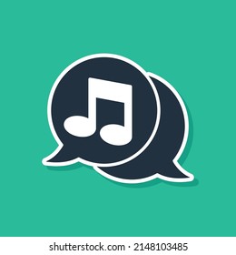 Blue Musical note in speech bubble icon isolated on green background. Music and sound concept.  Vector