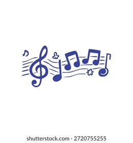Blue musical notes and a treble clef are shown on a white background.