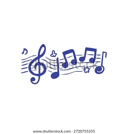 Blue musical notes and a treble clef are shown on a white background.