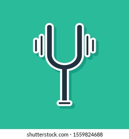 Blue Musical tuning fork for tuning musical instruments icon isolated on green background.  Vector Illustration