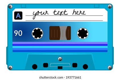 Blue musiccasette with colorful stripes, audio cassette tape, vector art image illustration, isolated on white background, eps10