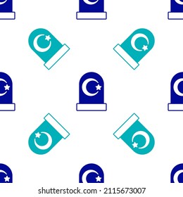 Blue Muslim cemetery icon isolated seamless pattern on white background. Islamic gravestone.  Vector