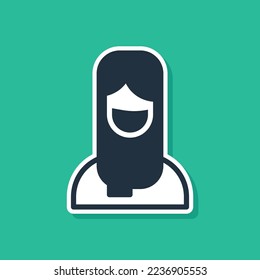 Blue Muslim woman in hijab icon isolated on green background.  Vector