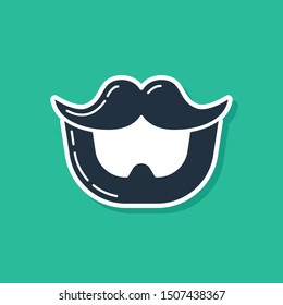 Blue Mustache and beard icon isolated on green background. Barbershop symbol. Facial hair style.  Vector Illustration