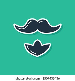 Blue Mustache and beard icon isolated on green background. Barbershop symbol. Facial hair style.  Vector Illustration
