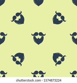 Blue Mustache and beard icon isolated seamless pattern on yellow background. Barbershop symbol. Facial hair style.  Vector Illustration