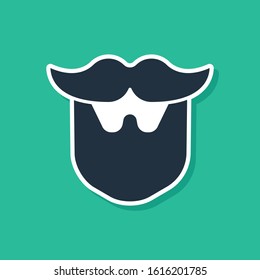 Blue Mustache and beard icon isolated on green background. Barbershop symbol. Facial hair style.  Vector Illustration