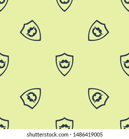 Blue Mustache and beard on shield icon isolated seamless pattern on yellow background. Barbershop symbol. Facial hair style.  Vector Illustration