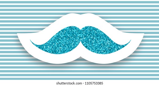 Blue mustache made of glitter in paper cut technique, vector illustration. Male moustache concept on blue striped background.