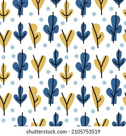 Azul y mostaza Resumen sin fisuras Patrón con árboles y estrellas. Texturas de plantas dibujadas a mano a la moda Fondo. Diseño abstracto de papel, tela, decoración interior, tejidos, ropa de cama.