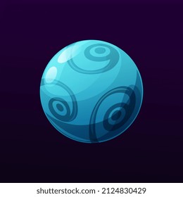 Blue mysterious planet with swirls, galaxy space object with curly pattern. Vector astronomy globe, shiny fantasy sphere in universe. Ui game comic bubble, isolated comet or alien world in deep space