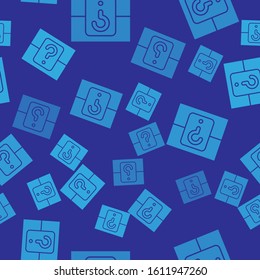 Blue Mystery box or random loot box for games icon isolated seamless pattern on blue background. Question box.  Vector Illustration