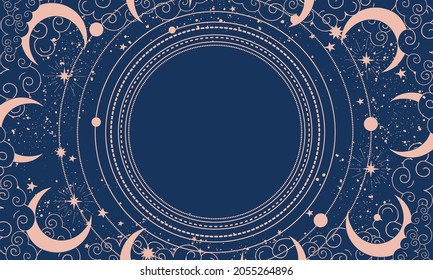 Blue mystical background with stars, clouds and orbits with place for text. Heavenly boho background with copy space. Vector banner for astrology, tarot, fortune telling.