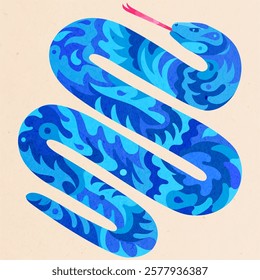 Blue mythical snake. Colored ethnic illustration with pattern. Indigo snake with tongue sticking out.