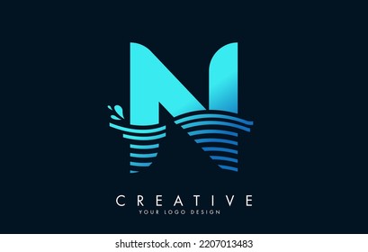 Blue N Letter Logo with Waves and Water Drops Design Vector Illustration.