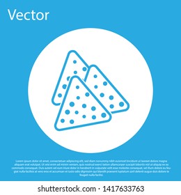 Blue Nachos icon isolated on blue background. Tortilla chips or nachos tortillas. Traditional mexican fast food. White circle button. Vector Illustration