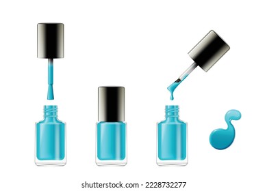 Blue nail polish realistic opened and closed bottle, brush and enamel drop on white background. Container with liquid paint for manicure and pedicure in salon. Vector illustration